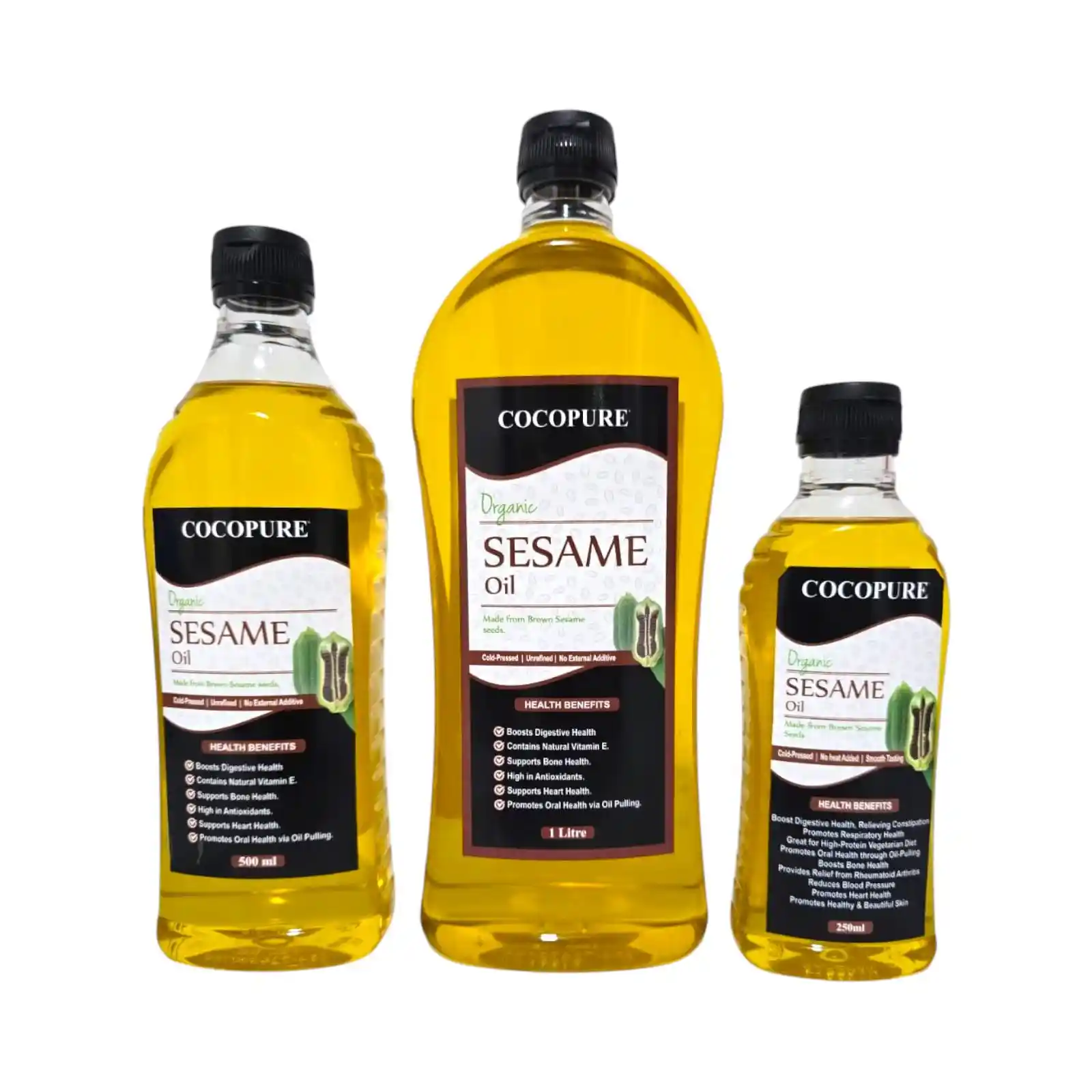 CocoPure cold pressed sesame oil, natural and nutrient-rich, produced in Malindi Kenya